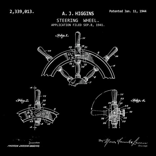 STEERING  WHEEL  (1944, A. J. HIGGINS) Patent Print