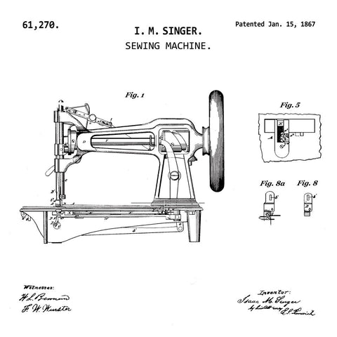 VINTAGE SEWING MACHINE.  (1867, I. M. SINGER) Patent Print