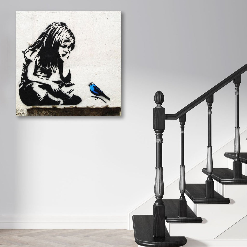 Banksy Girl with Blue Bird, Graffiti Street Art on Metal