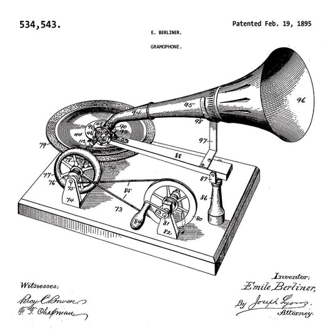 GRAMOPHONE  (1895, E. BERLINER) Patent Print