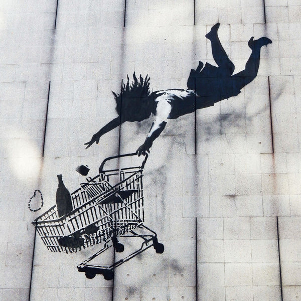 Banksy Woman Falling with Shopping Cart, Graffiti