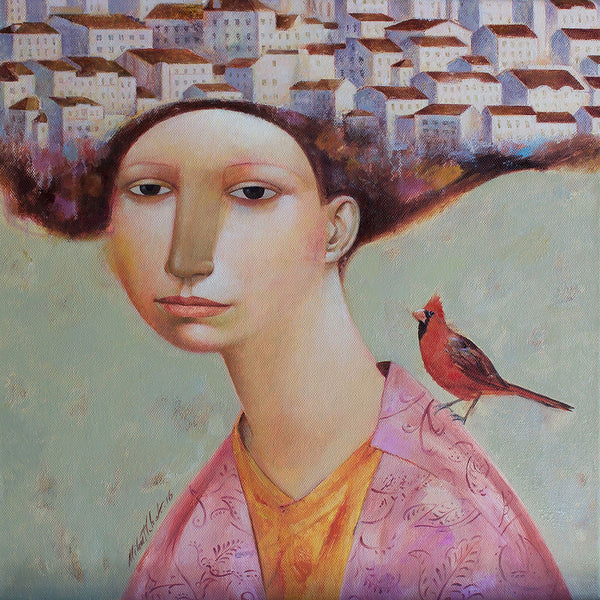 Woman Portrait With Bird, Painting