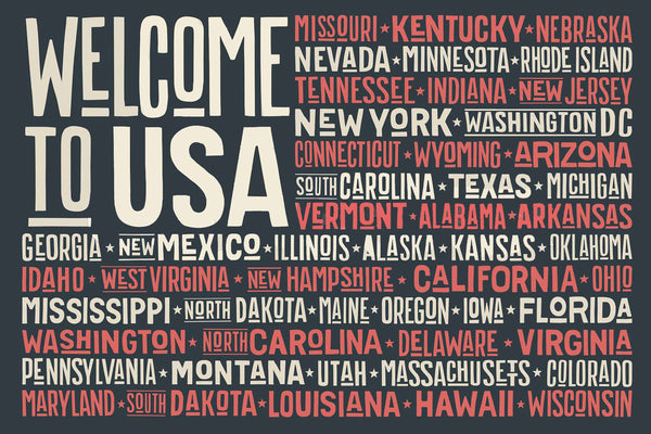 Welcome to USA, USA Flag with List of States, Poster