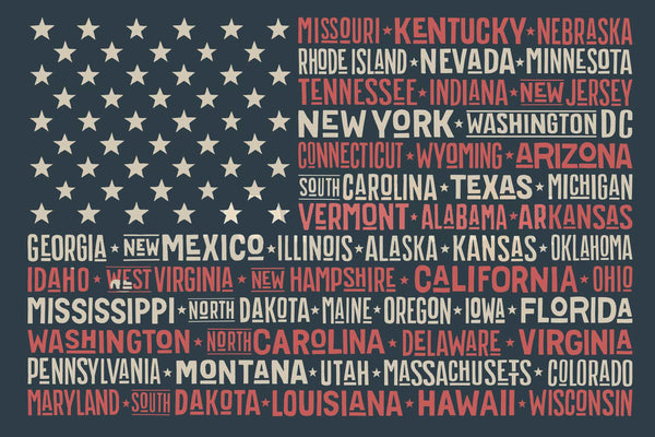 USA Flag with List of States, Poster