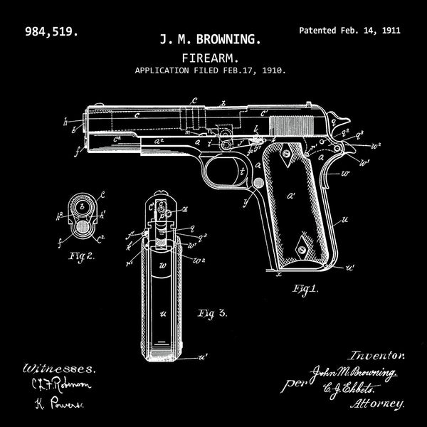 FIREARM BROWNING (1911, J. M. BROWNING) Desktop Patent Print-New Art Mix-newARTmix