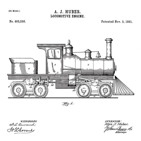 LOCOMOTIVE ENGINE (1891, A. J. HUBER) Desktop Patent Print-New Art Mix-newARTmix