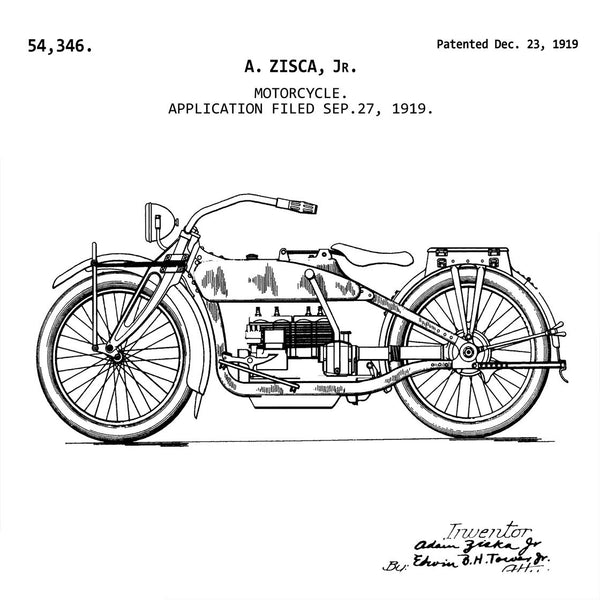 Vintage Motorcycle - 1919 Ziska Motorcycle Design Patent Print-New Art Mix-newARTmix