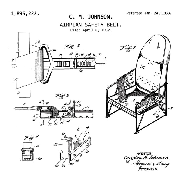 AIRPLAN SAFETY BELT (1933, C. M. JOHNSON) Patent Print white