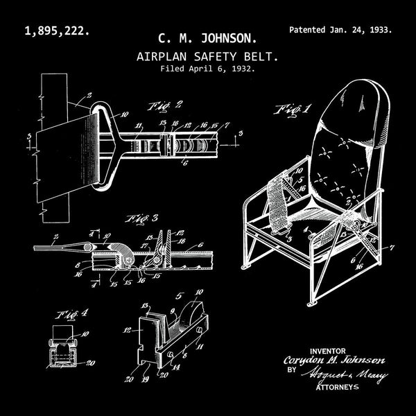 AIRPLAN SAFETY BELT (1933, C. M. JOHNSON) Patent Print black