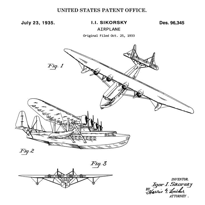 AIRPLANE (1935, I. I. SIKORSKY) Patent Print white