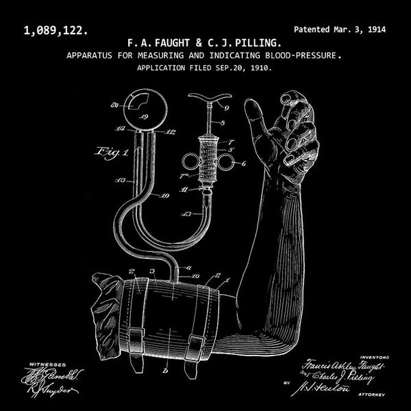 Apparatus for measuring and indicating blood-pressure (1914, F. Faught & C. Pilling) Desktop Patent Print black