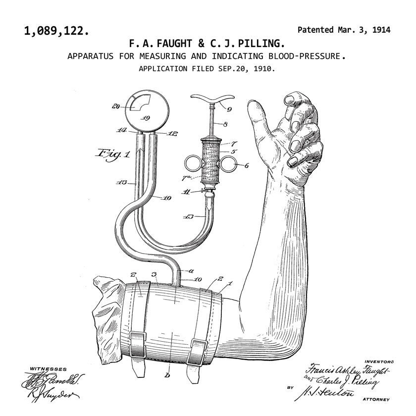 Apparatus for measuring and indicating blood-pressure (1914, F. Faught & C. Pilling) Desktop Patent Print white