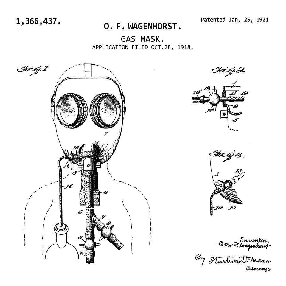 GAS MASK (1921, O. F. WAGENHORST) Patent Print