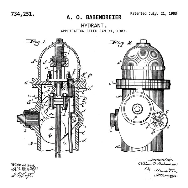 FIRE HYDRANT  (1903, A. O. BABENDREIER) Patent Print