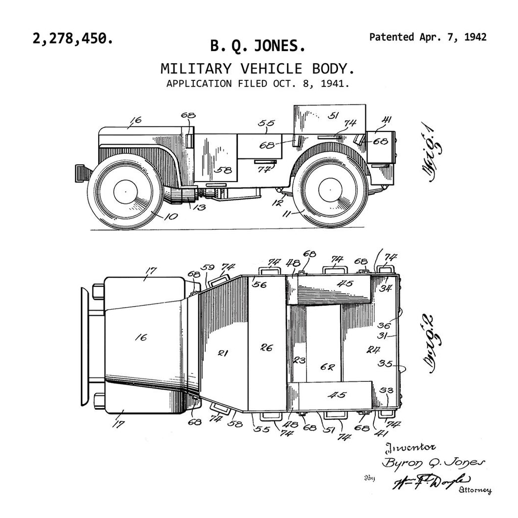 Vintage Willys Military Jeep  (1942, B. Q. JONES) Patent Print
