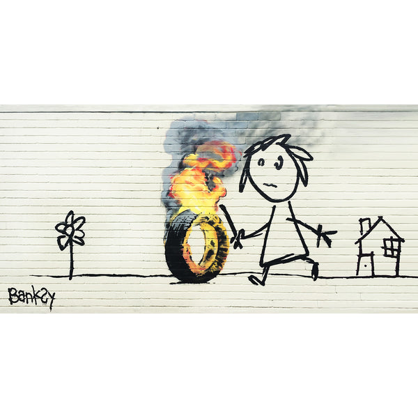 Child With A Stick Chasing a Burning Tire, Graffiti