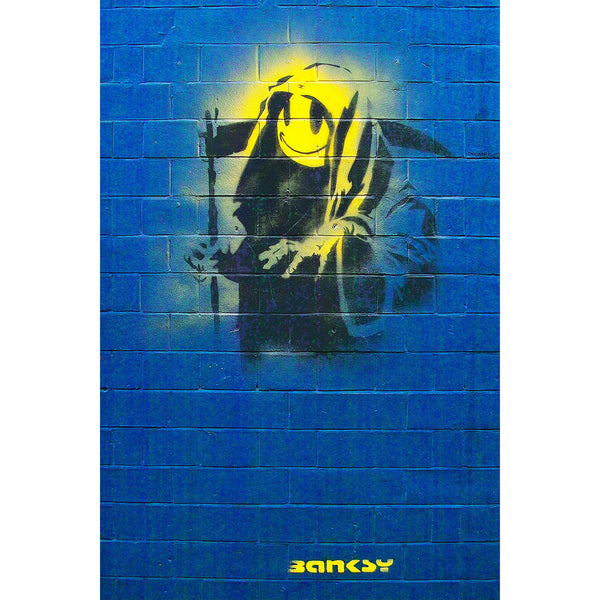 Grin Reaper on Blue Brick Wall, Graffiti