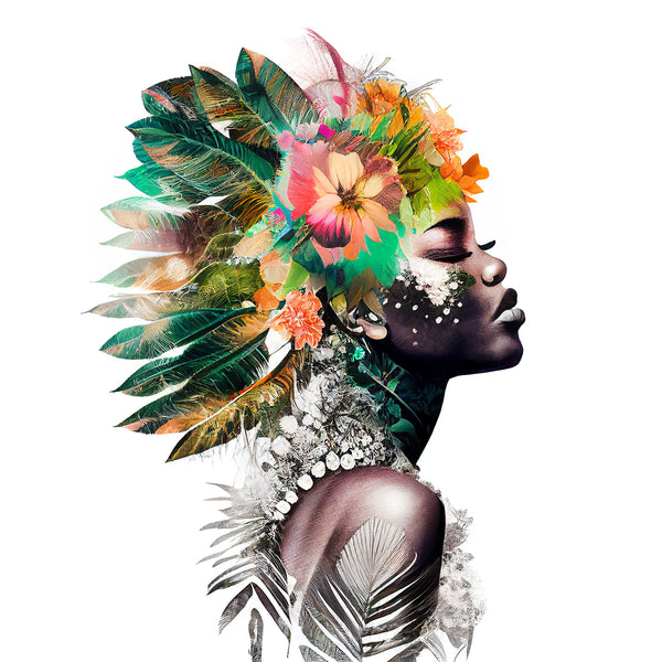 African Woman Flowered Portrait, Digital Art