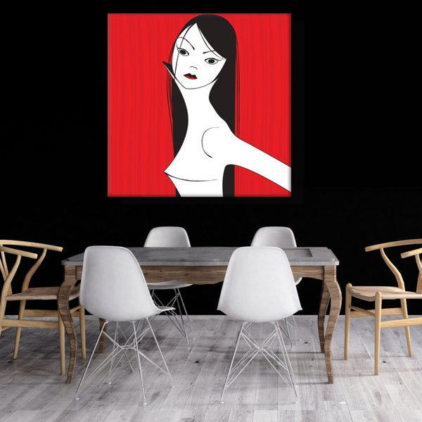 Woman Portrait on Red Background, Digital Art