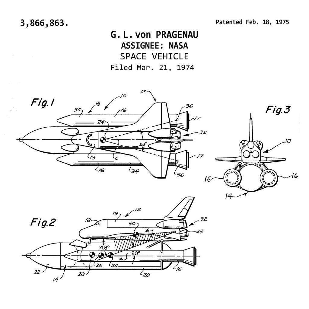NASA Space Vehicle Shuttle (1975, G. L. von Pragenau) Desktop Patent Print1