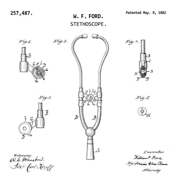 STETHOSCOPE (1882, W. F. FORD) Patent Print-New Art Mix-newARTmix