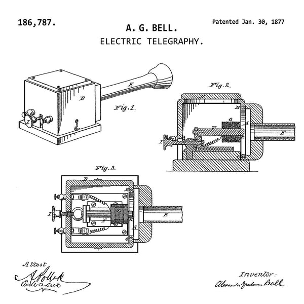 ELECTRIC TELEGRAPHY (1877, A. G. BELL) Patent Print
