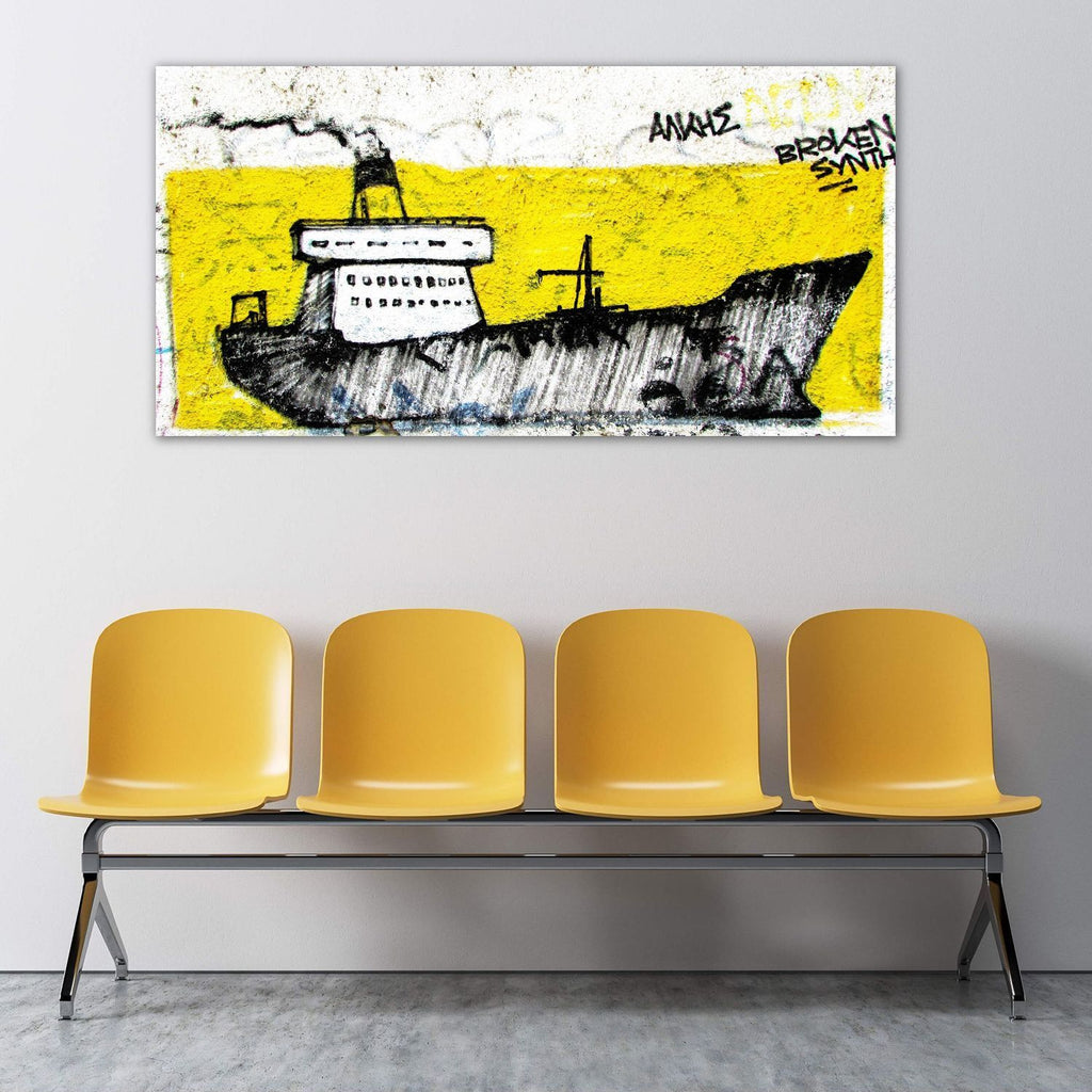 Yellow Boat Ship, Graffiti on Brick Wall